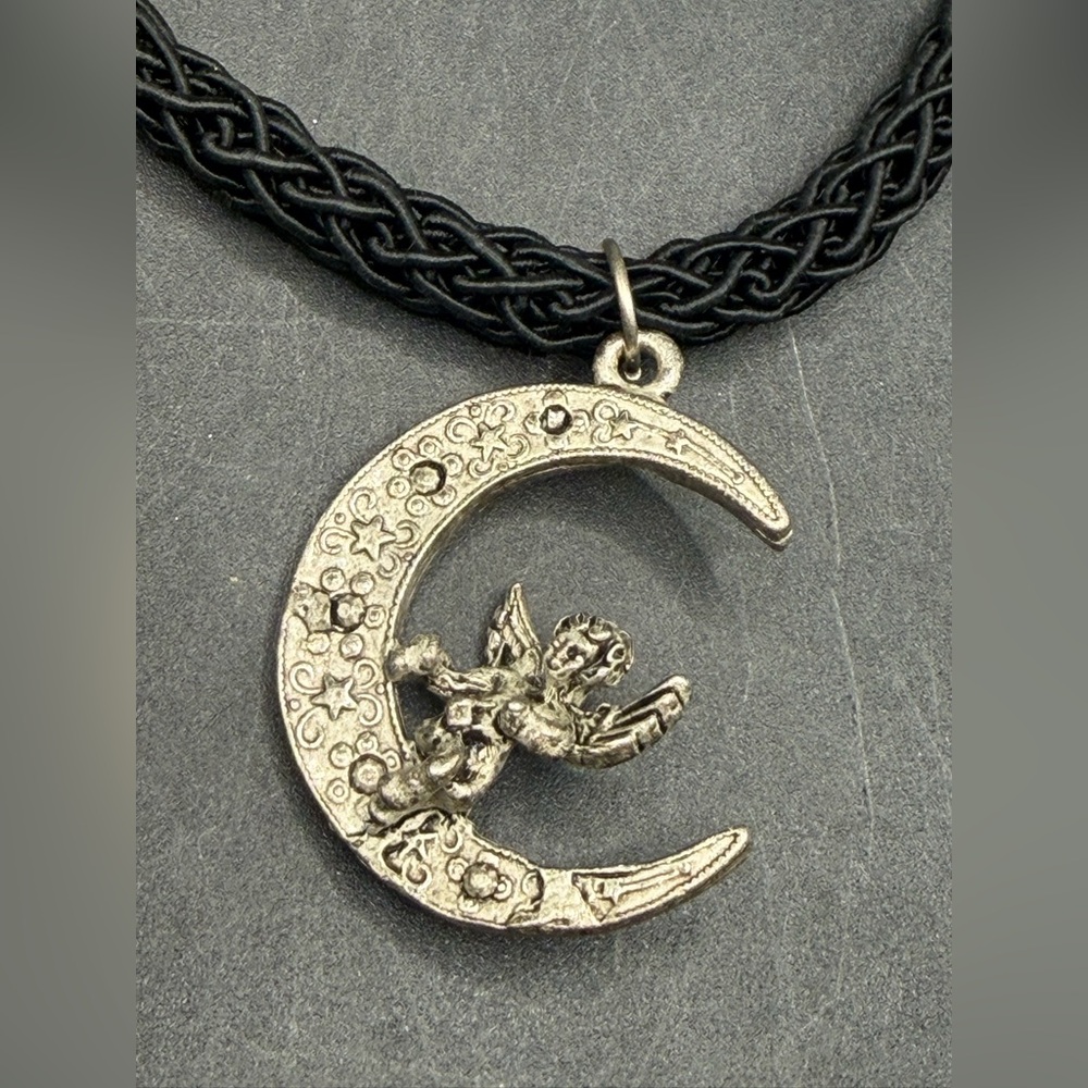 Whimsigoth Celestial Crescent Moon Cherub Pendant Choker Necklace, Jewelry